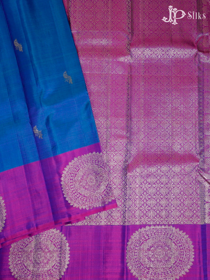 Peacock Blue & Purple Kanchipuram Pure Silk Saree - F7