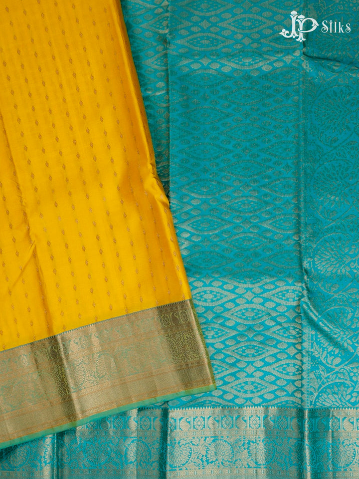 Yellow And Teal Green Kanchipuram Silk Saree - E238