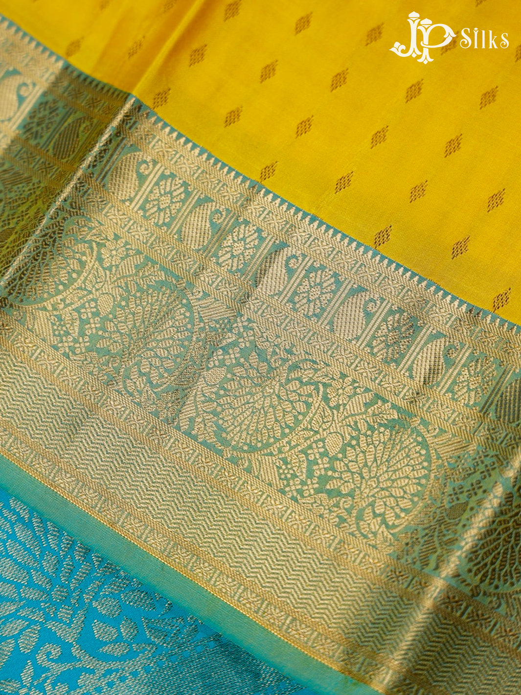 Yellow And Teal Green Kanchipuram Silk Saree - E238