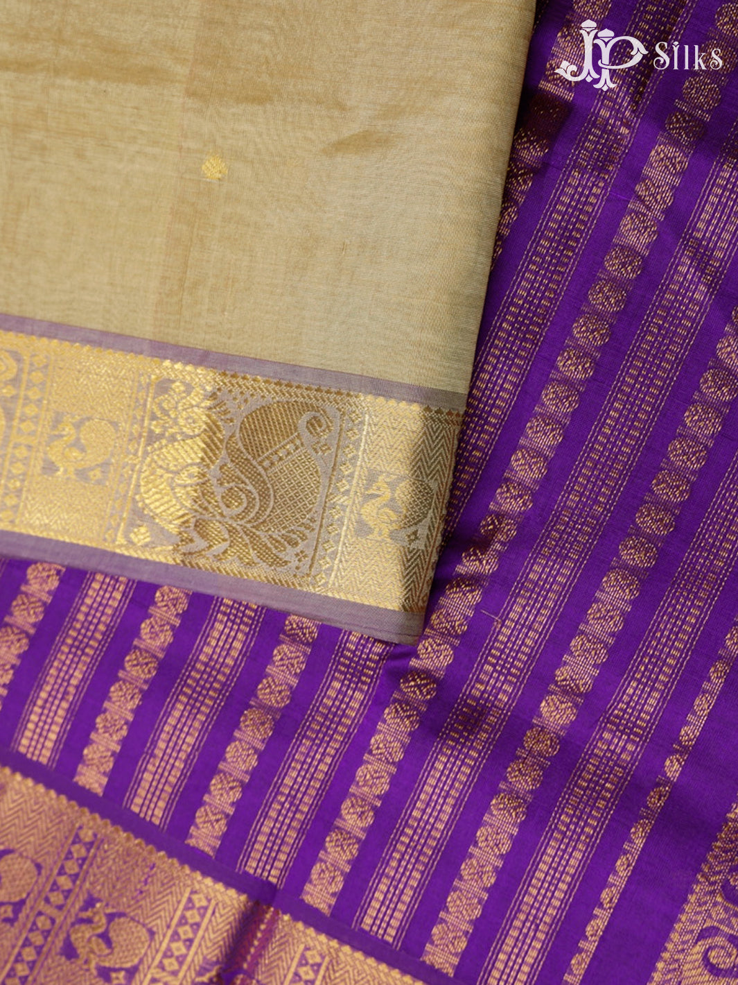 Beige and Violet Silk Cotton Saree - F3517
