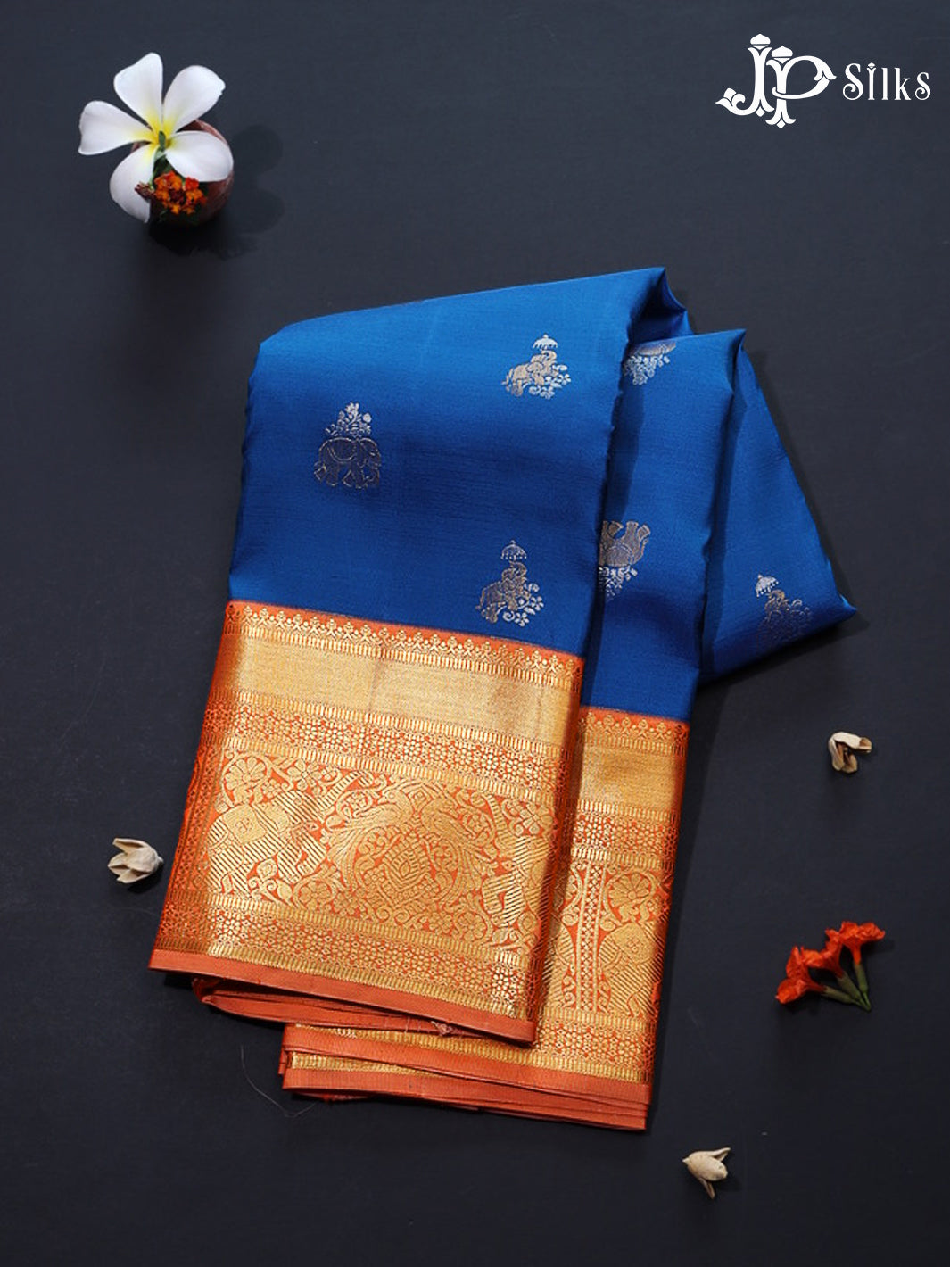 Cobalt Blue & Dark Peach Kanchipuram Silk Saree - G849 -view1