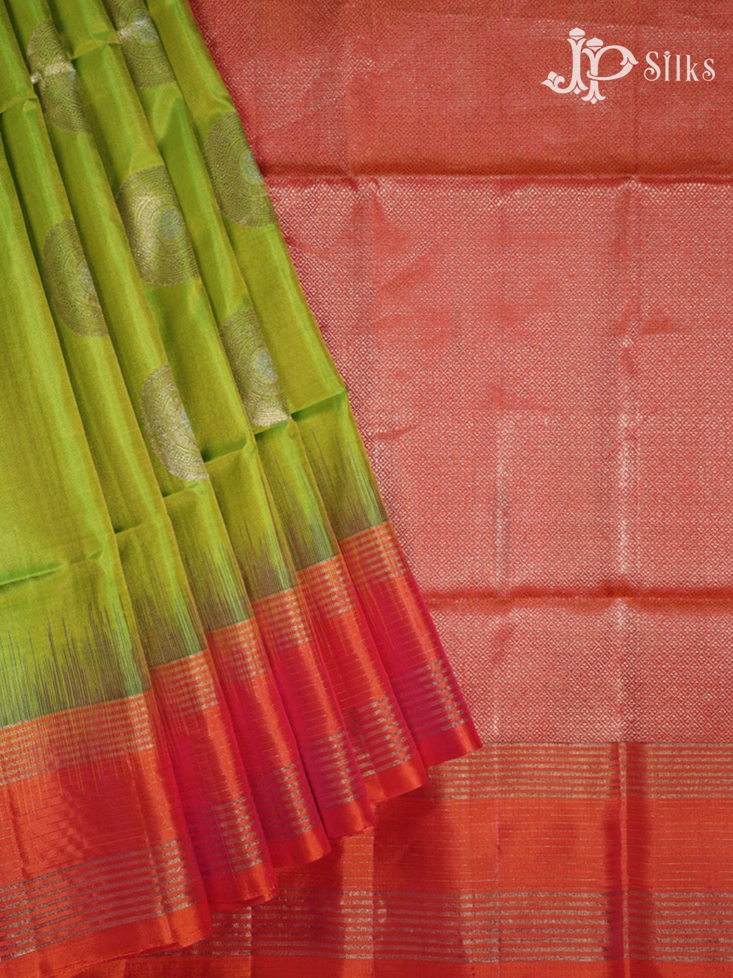 Parrot Green & Peachish Pink Soft Silk Saree - F2306-view2