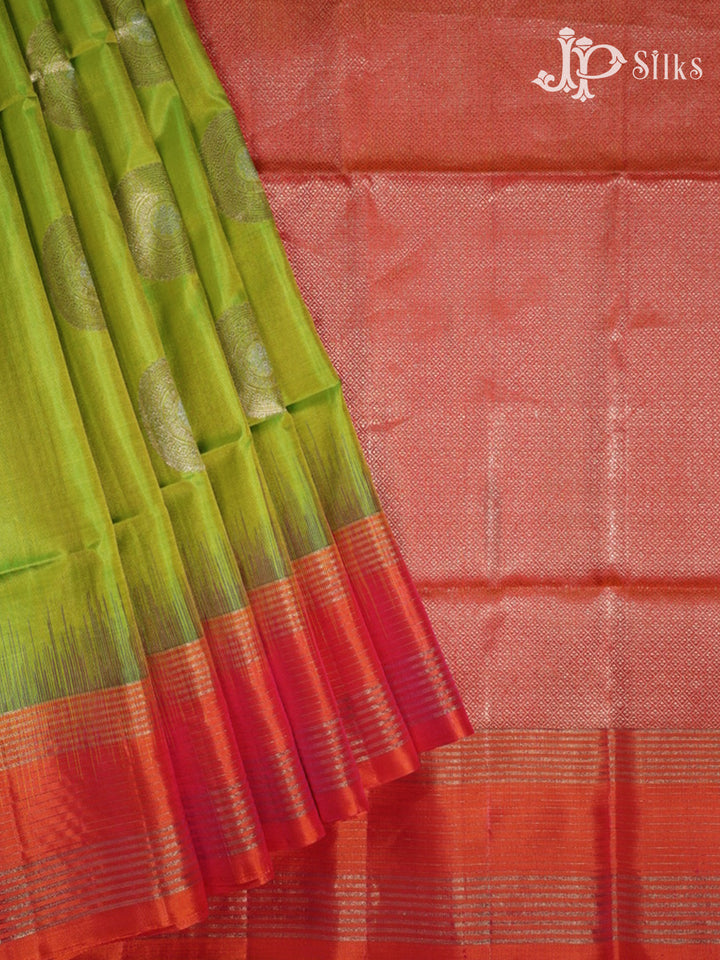 Parrot Green & Peachish Pink Soft Silk Saree - F2306-view2