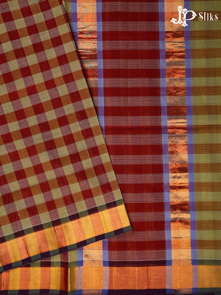 Maroon, Green And Light Red Venkatagiri Cotton Saree - D9925