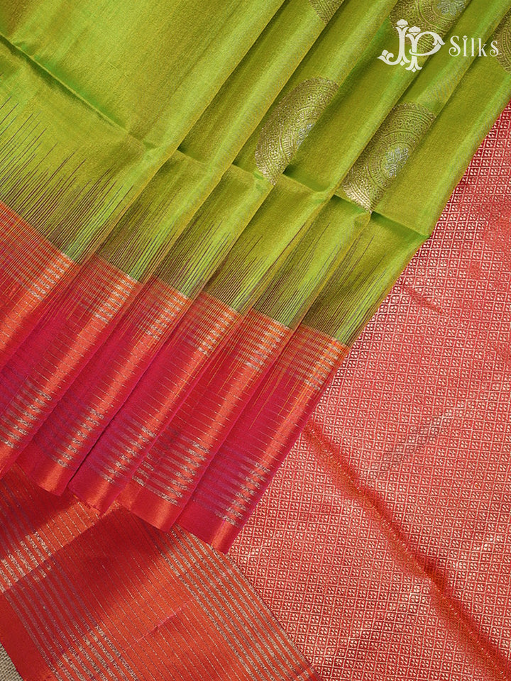 Parrot Green & Peachish Pink Soft Silk Saree - F2306-view3