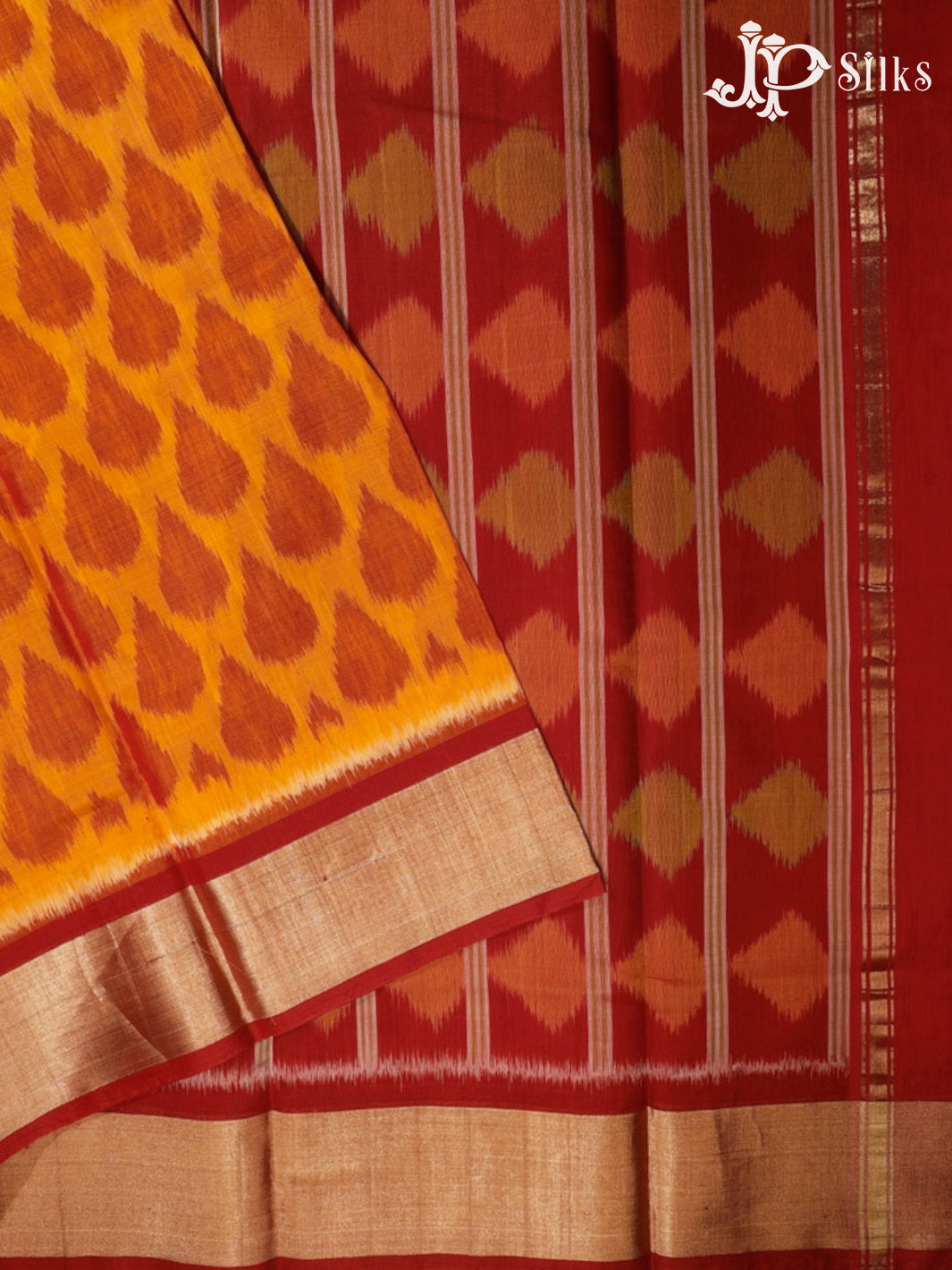 Mustard and Red Kora Cotton Saree - G344