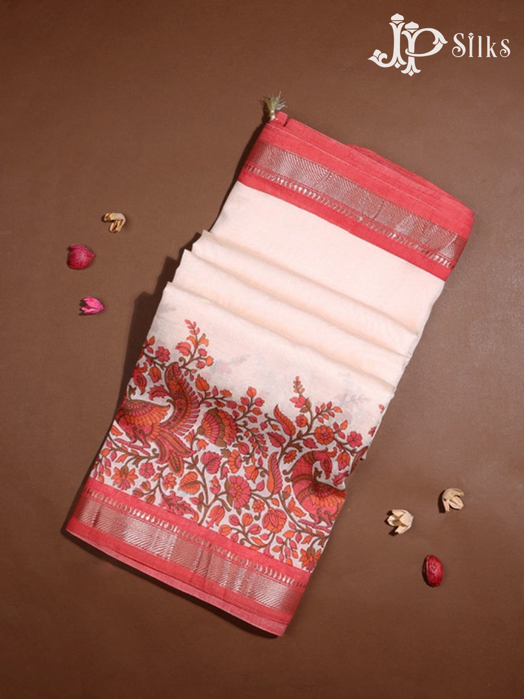 White,Orange & Red Mix Semi Chanderi Saree - G560- view1