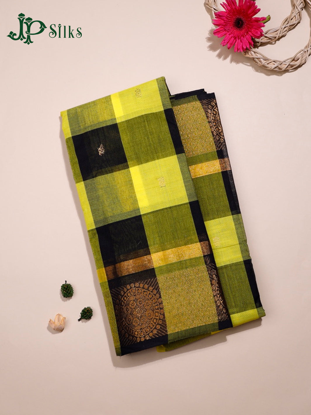 Lime Yellow & Black Chettinad Cotton Saree - G400 “View1”