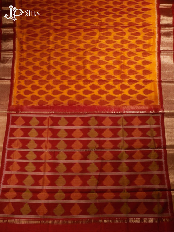 Mustard and Red Kora Cotton Saree - G344