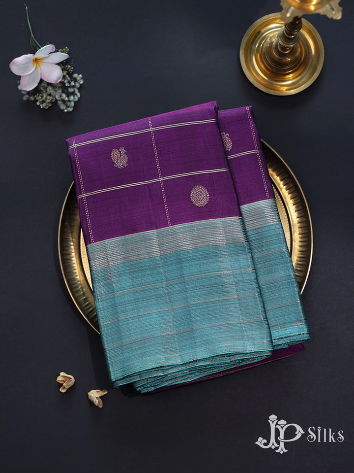 Purple and Sea Blue Kanchipuram Silk Saree - E5205
