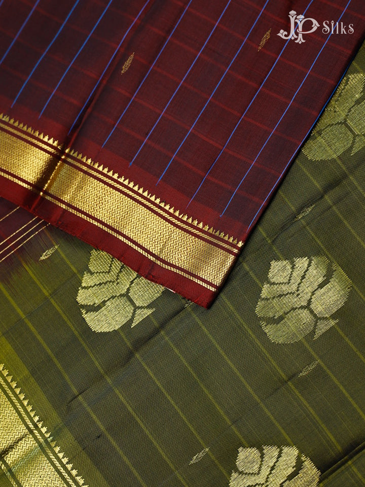 Dark Brown And Olive Green Kanchipuram Pure Silk Saree - D9609