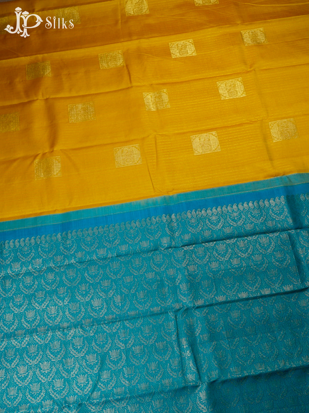 Yellow And Peacock Blue Kanchipuram Silk Saree - F430