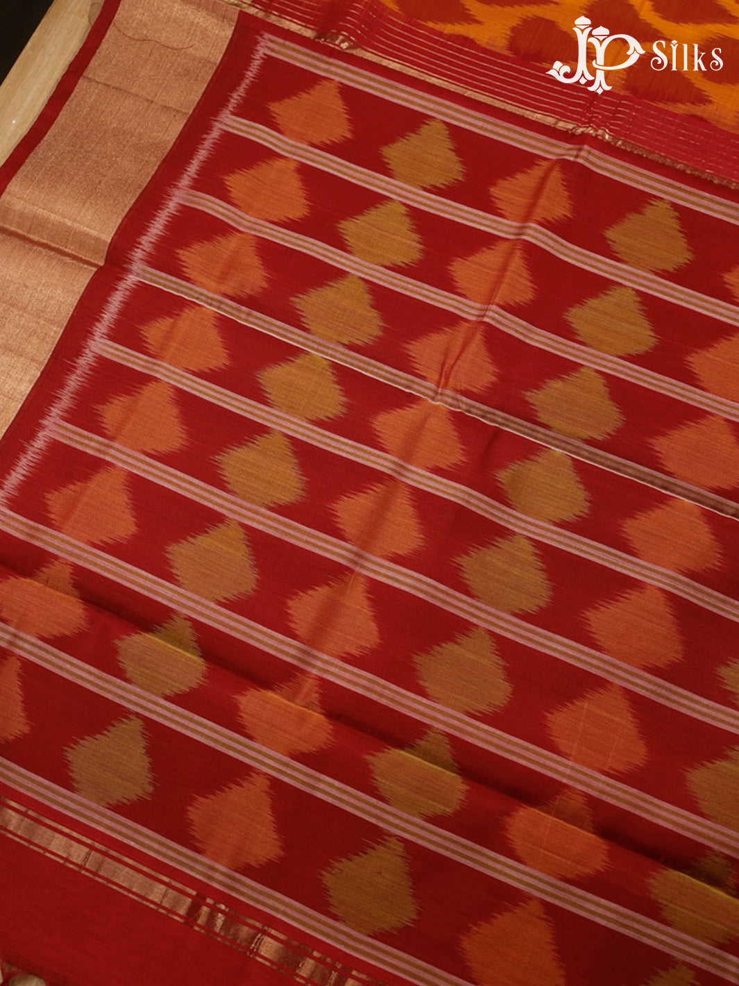 Mustard and Red Kora Cotton Saree - G344