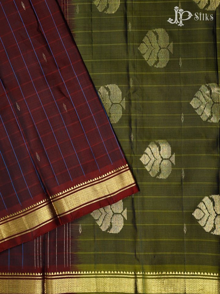 Dark Brown And Olive Green Kanchipuram Pure Silk Saree - D9609