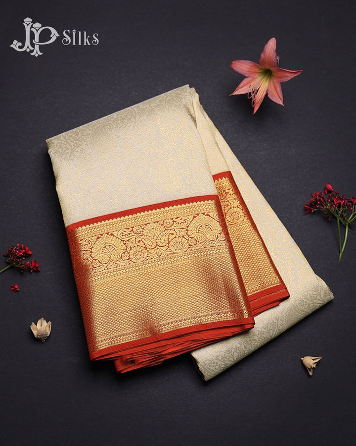 White & Red Kanchipuram Silk Saree - G854