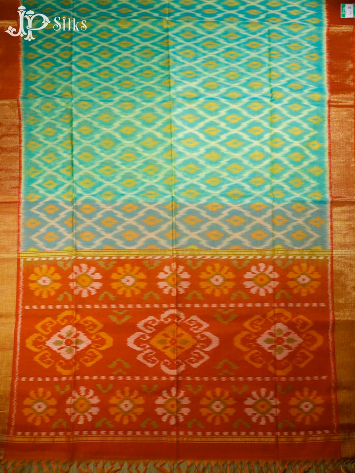 Teal Green and Orange Kora Cotton Saree - G342