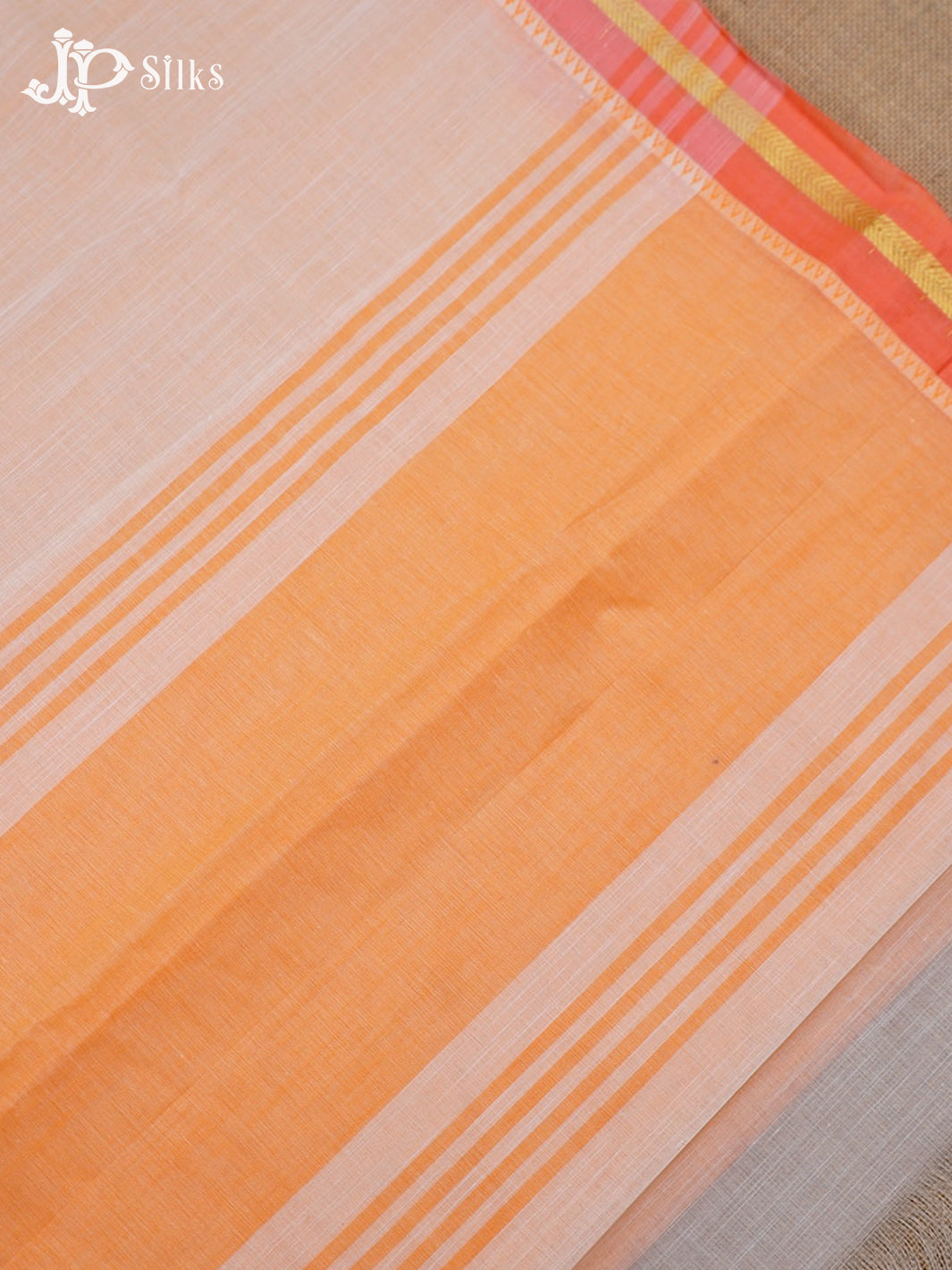 White And Peach Cotton Saree - F2775