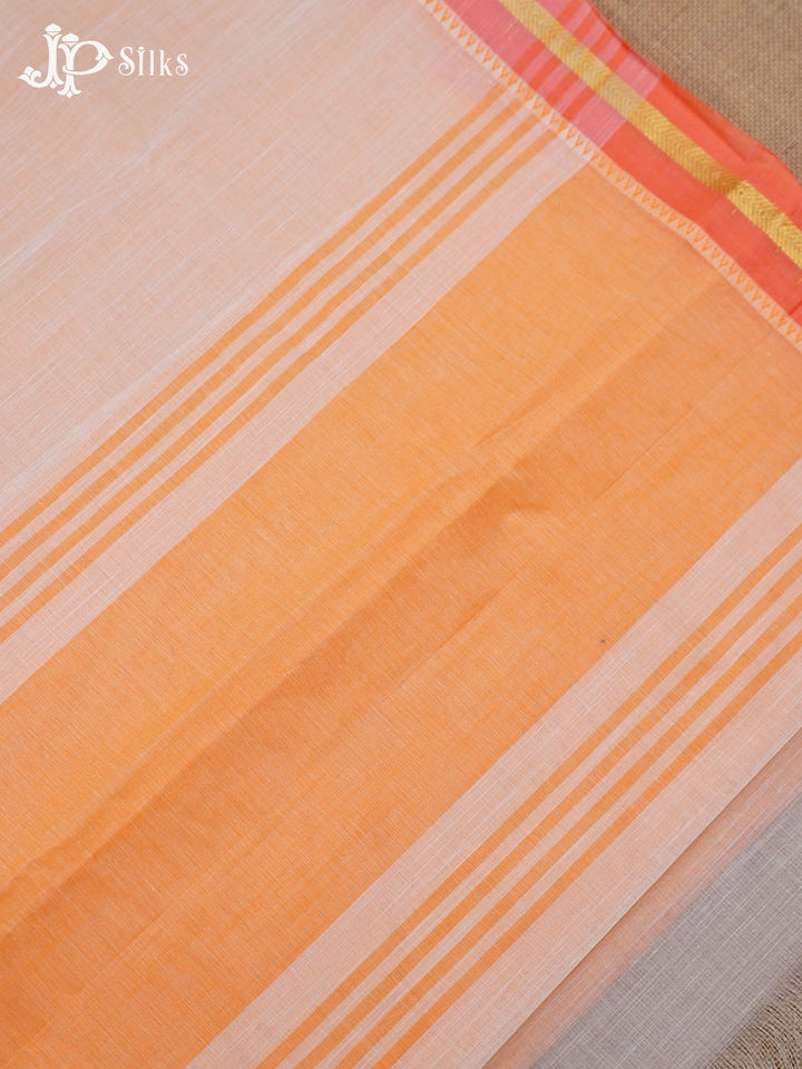 White And Peach Cotton Saree - F2775