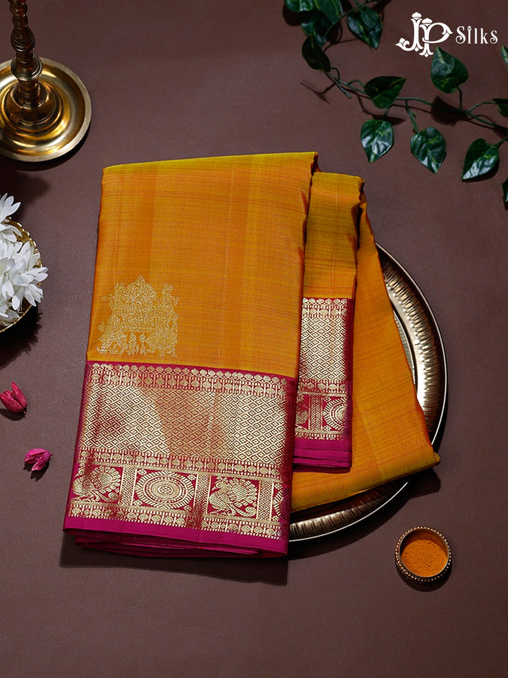 Mustard Yellow & Pink Kanchipuram Pure Silk Saree - E4707
