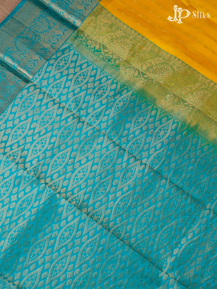 Yellow And Teal Green Kanchipuram Silk Saree - E238