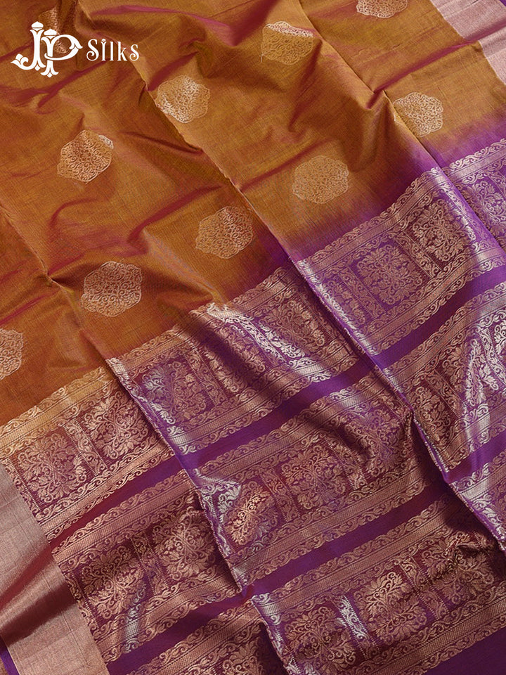 Golden Brown and Deep Violet Kora Cotton Saree - G914