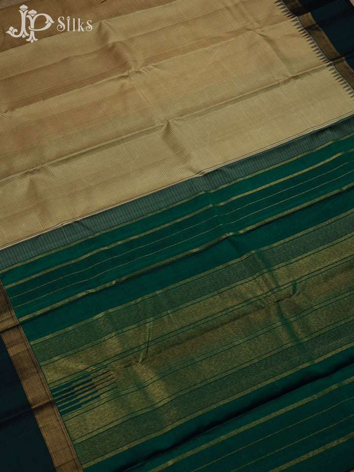 Beige and Bottle Green Kanchipuram Silk Saree - E5213 - View 3