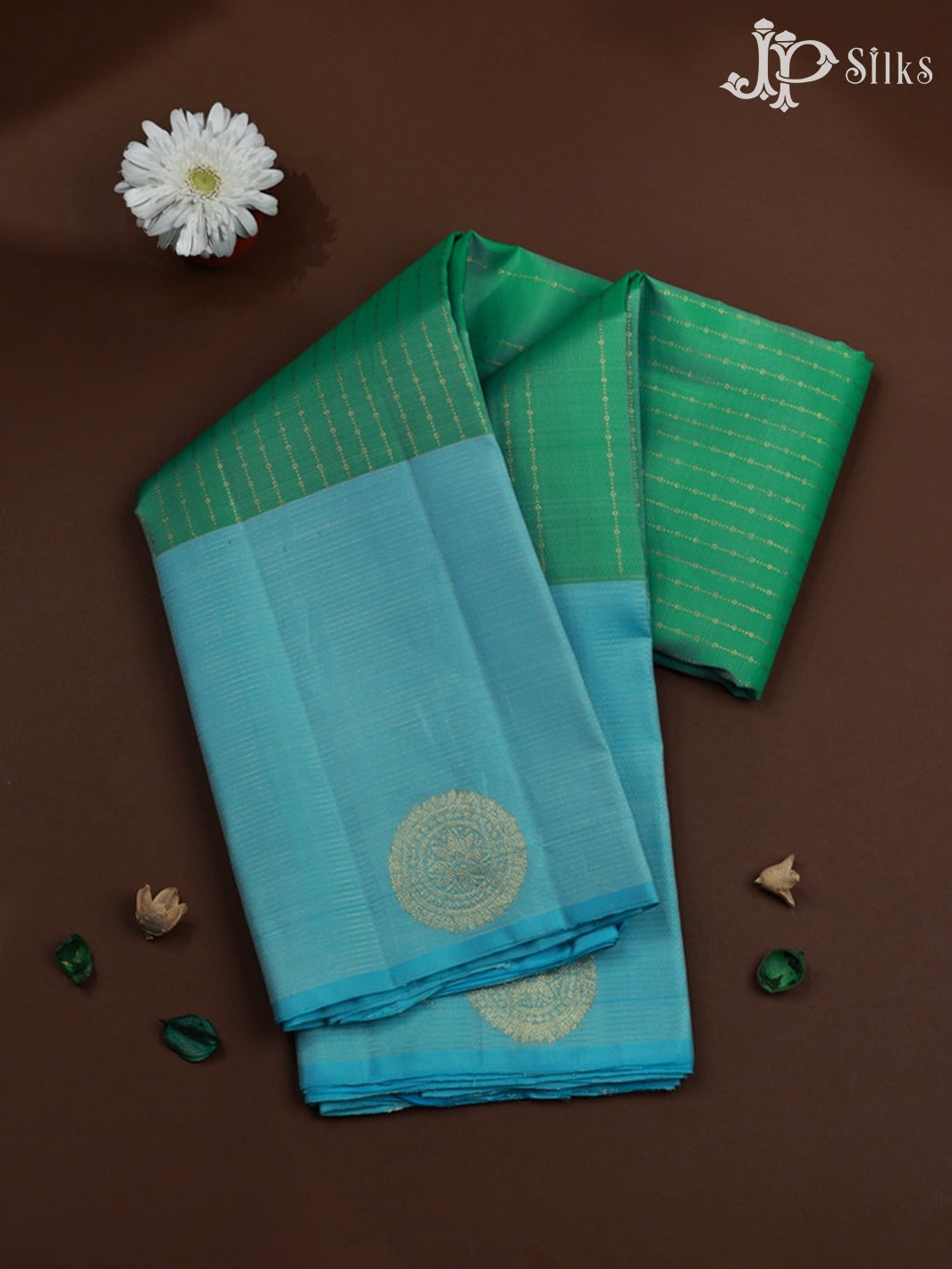 Green and Sky Blue Kanchipuram Silk Saree - F435 - View 1