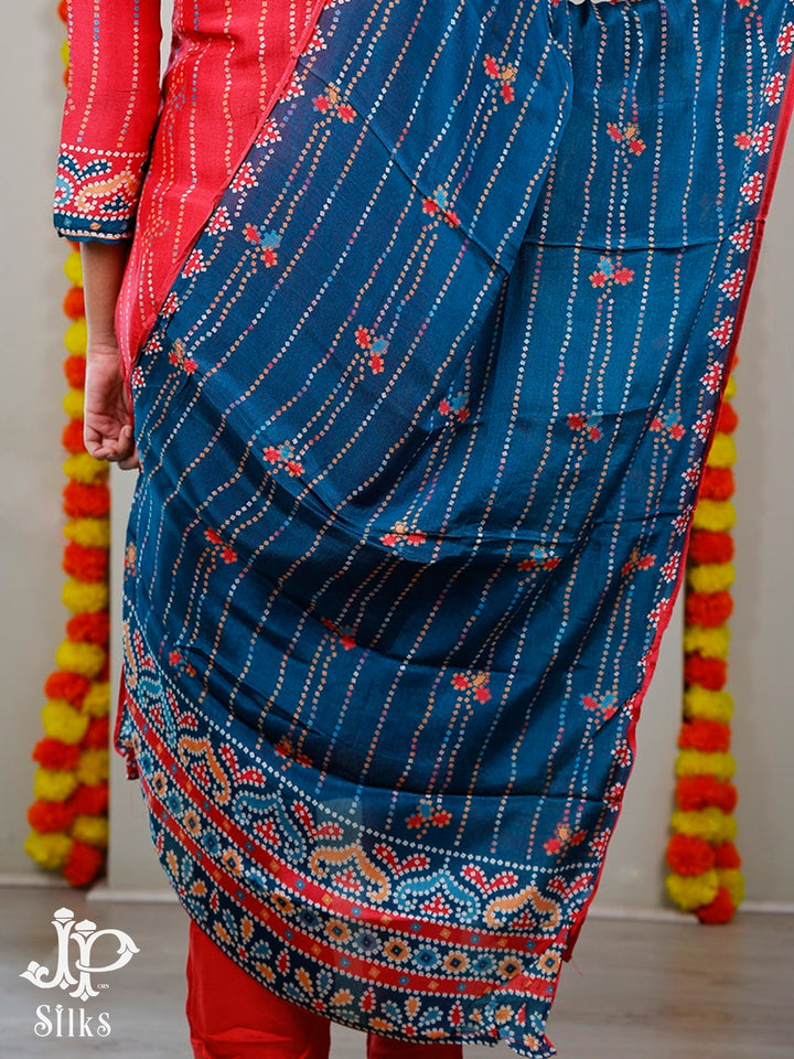 Reddish Pink And Sea Blue Bandhini Print Readymade Salwar Suit