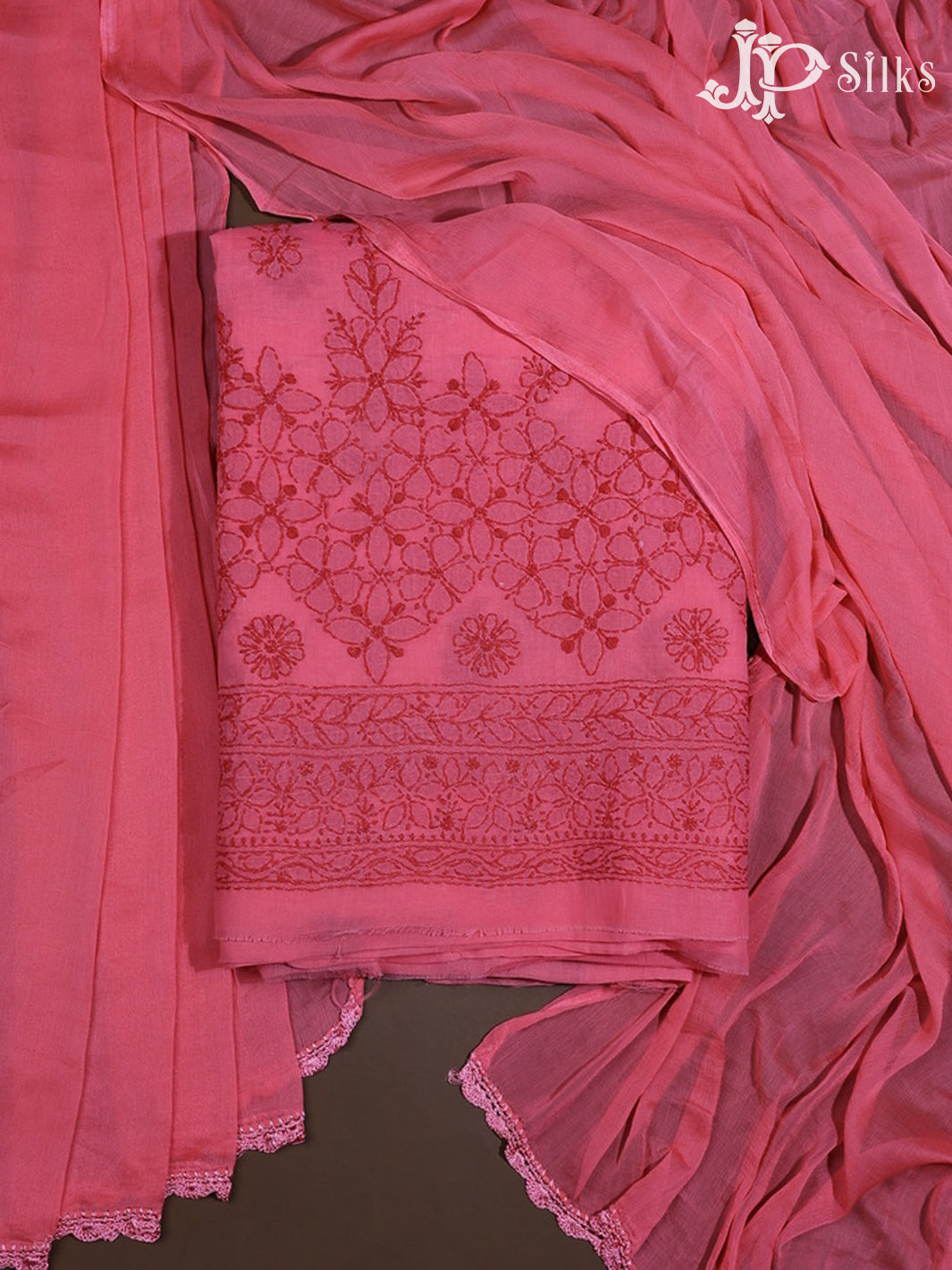 Watermelon Pink Chudithar Material with Chikankari Work - A4694 - View 1