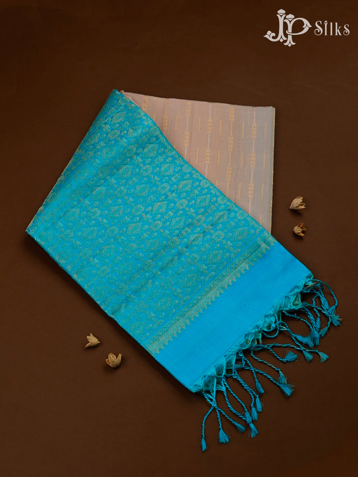 Cream And Sky Blue Soft Silk Saree - F3527