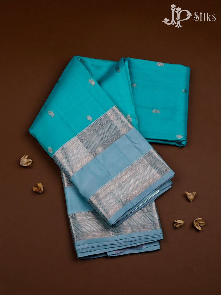 Light Teal Green And Light Sky Blue Kanchipuram Silk Saree - F3465