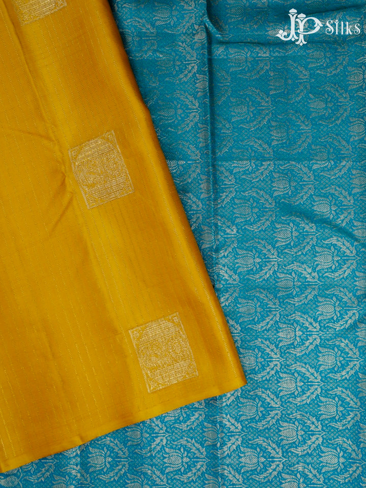 Yellow And Peacock Blue Kanchipuram Silk Saree - F430