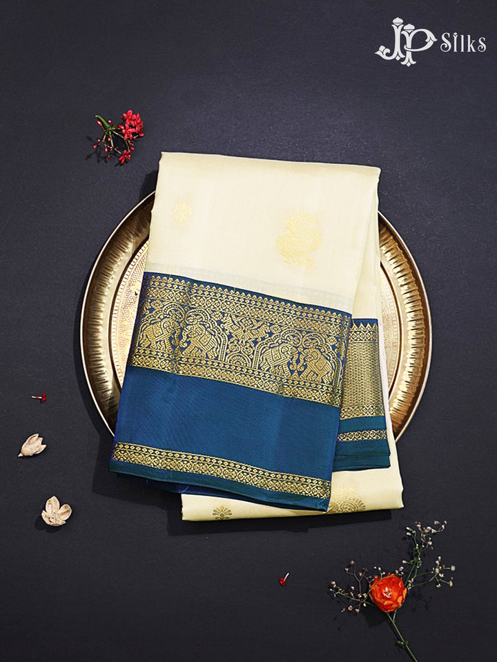 Cream & Peacock Blue Pure Silk Mix Saree - H21