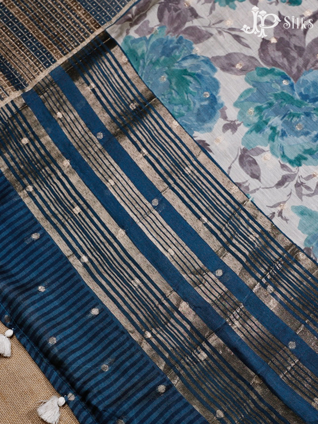 White & Blue Jay Semi Chanderi Saree - G557-view6