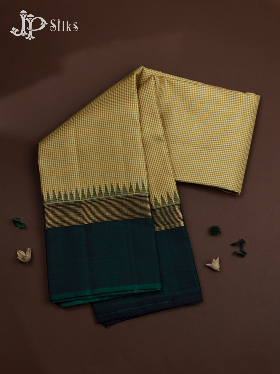 Beige and Bottle Green Kanchipuram Silk Saree - E5213 - View 1