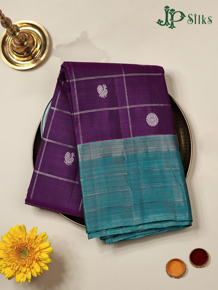 Purple and Sea Blue Kanchipuram Silk Saree - E5205 - View 1