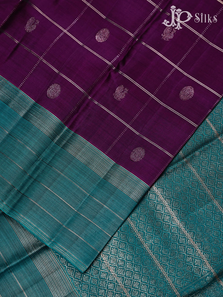 Purple and Sea Blue Kanchipuram Silk Saree - E5205 - View 4