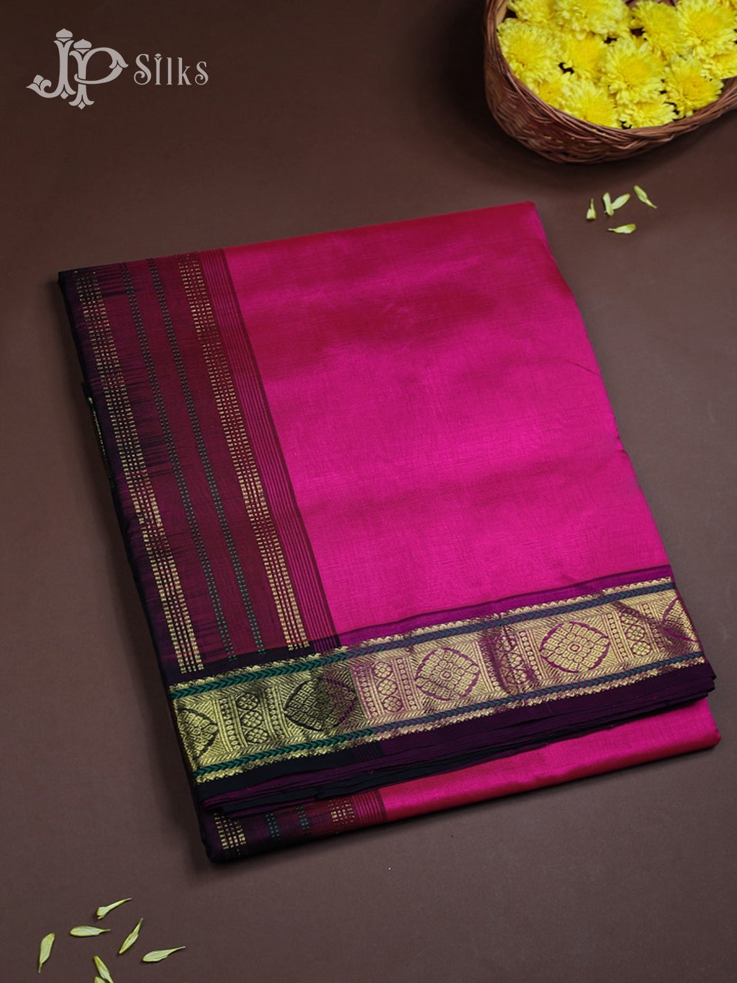 Rani Pink with Black Silk Cotton Saree - F349 - View 1