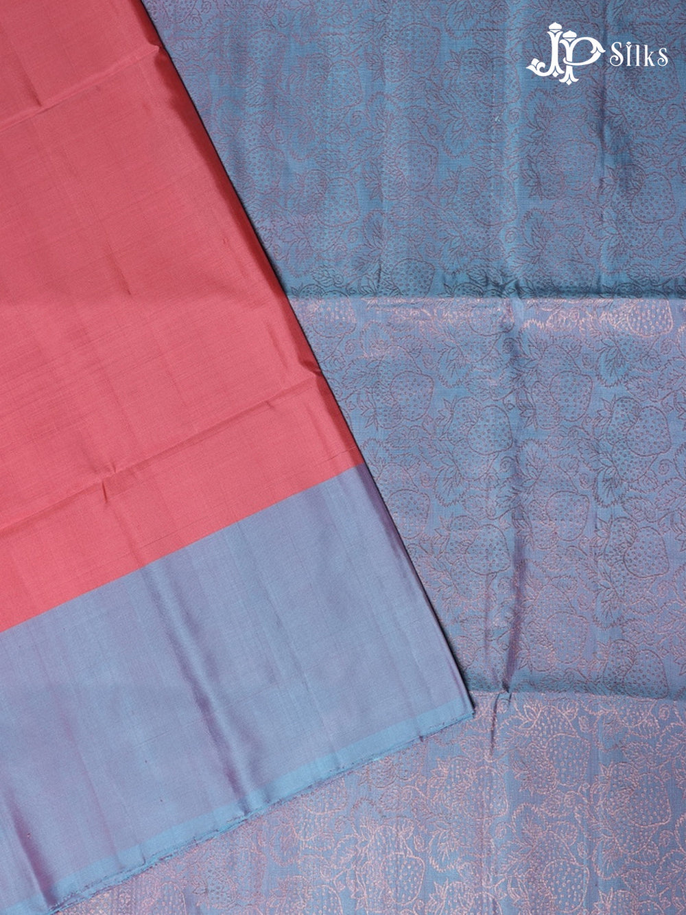 Peach Pink with Light Steel Blue Soft Silk Saree - E5616 - View 2