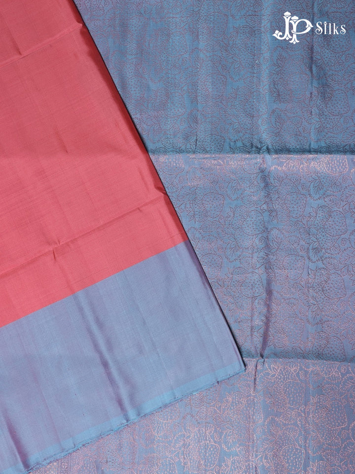 Peach Pink with Light Steel Blue Soft Silk Saree - E5616 - View 2