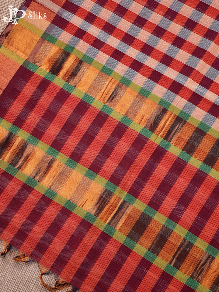 Maroon, White And Light Red Venkatagiri Cotton Saree - D9923