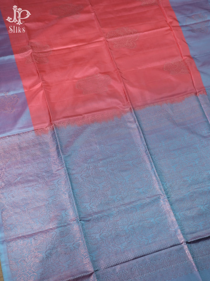 Peach Pink with Light Steel Blue Soft Silk Saree - E5616 - View 3