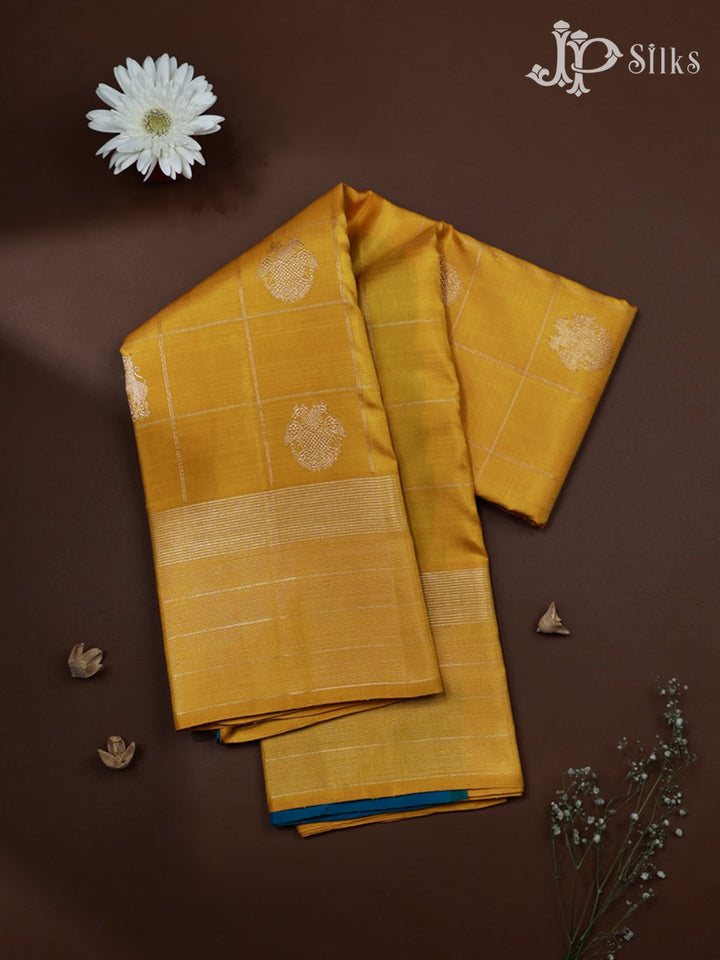 Yellow with Teal Green Kanchipuram Silk Saree - E5220 - View 1