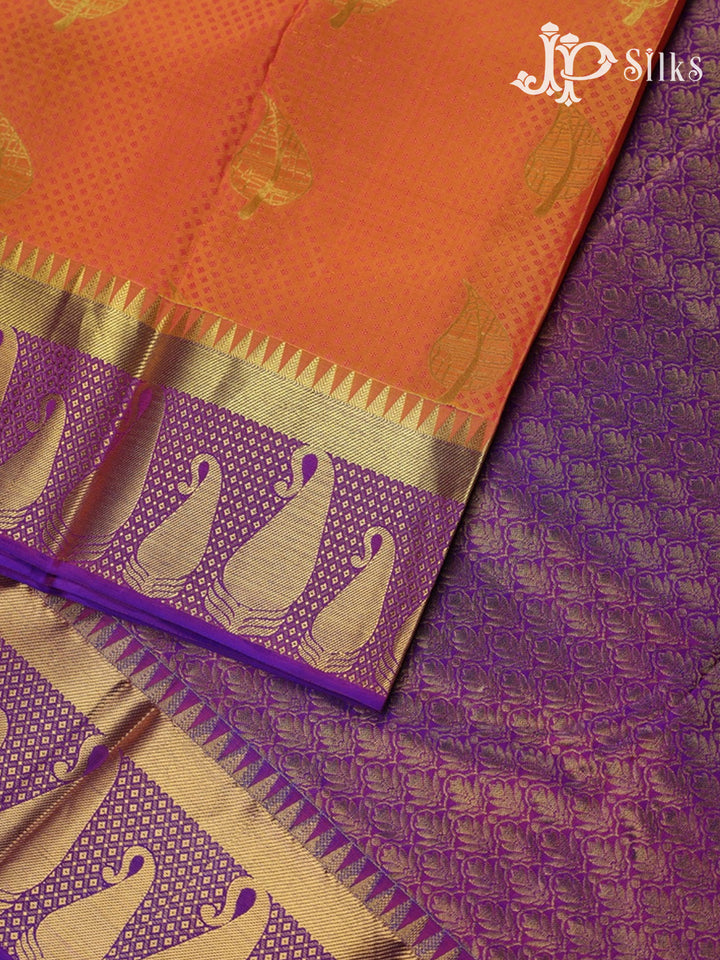 Orange with Purple Kanchipuram Silk Saree - A6082 - View 4