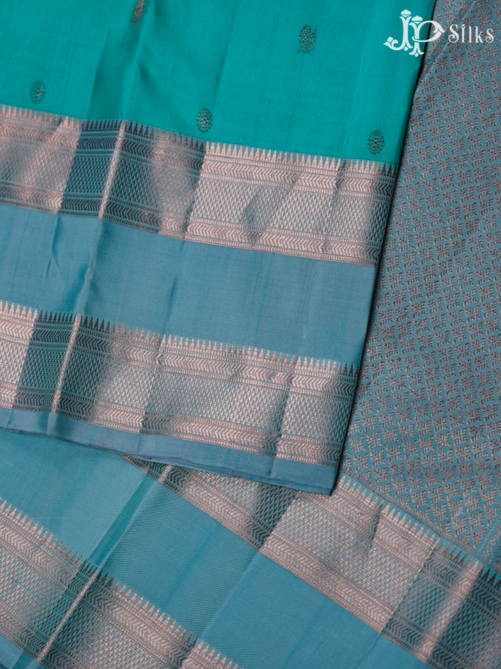 Light Teal Green And Light Sky Blue Kanchipuram Silk Saree - F3465