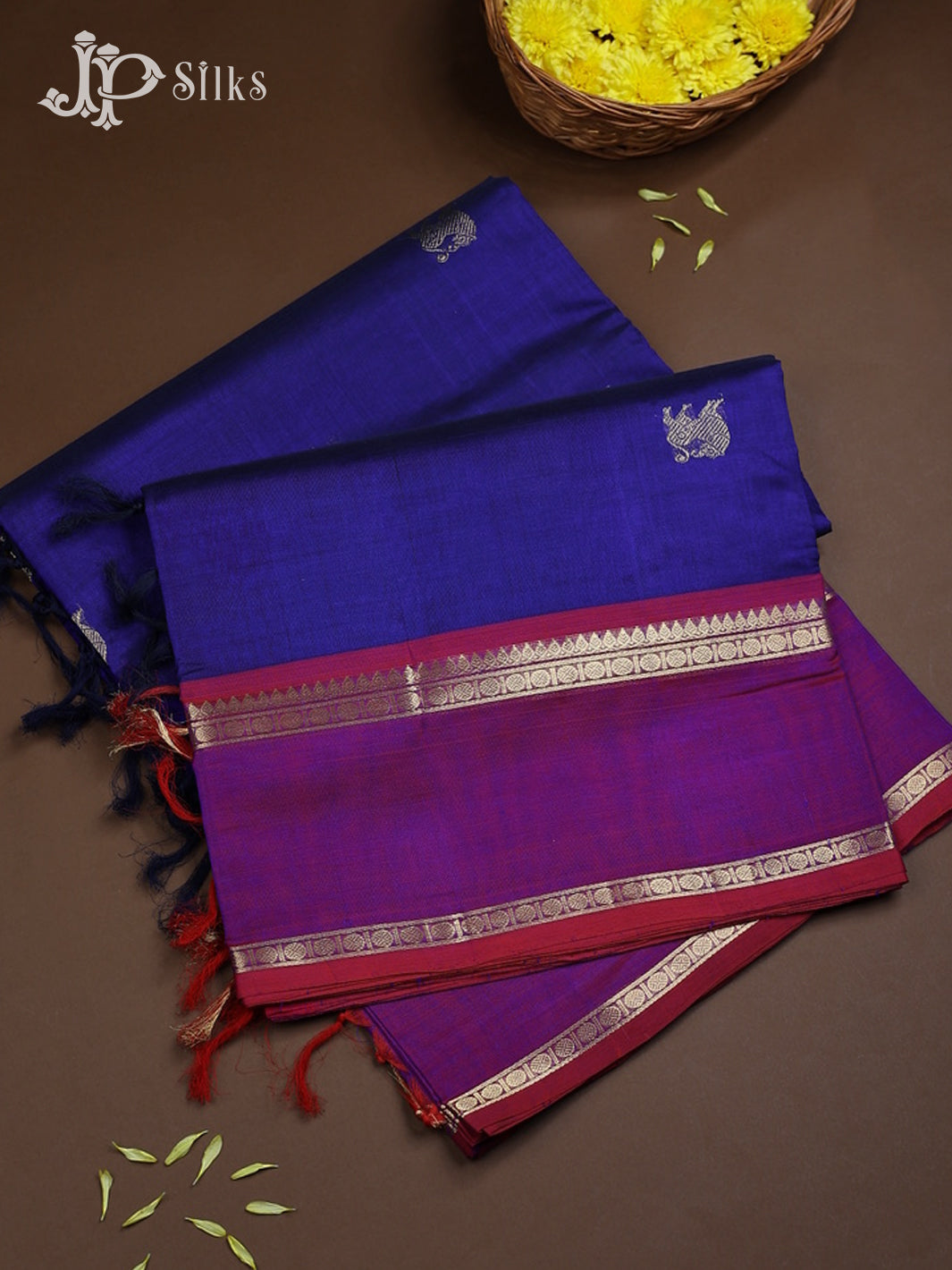 Ink Blue with Magenta Silk Cotton Saree - D9784 - View 1