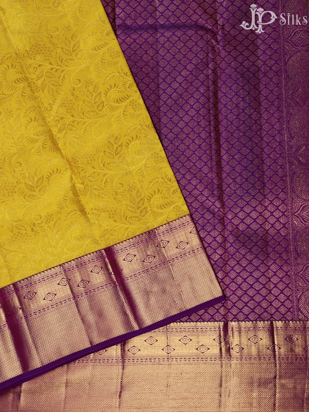 Yellow with Purple Bridal Kanchipuram Silk Saree - E5001 - View 2