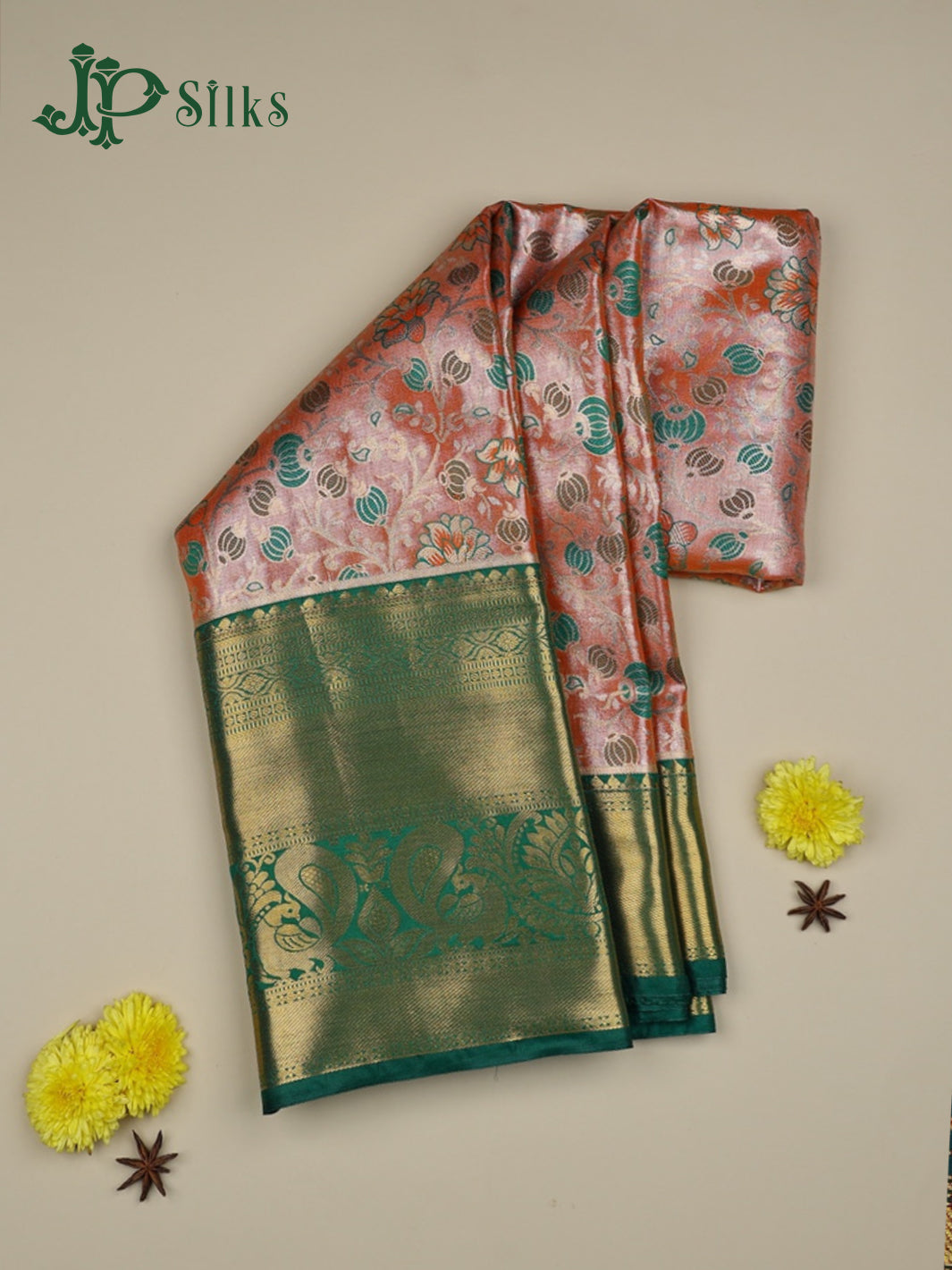 Peach with Bottle Green Art Silk Saree - F2358 - View 1