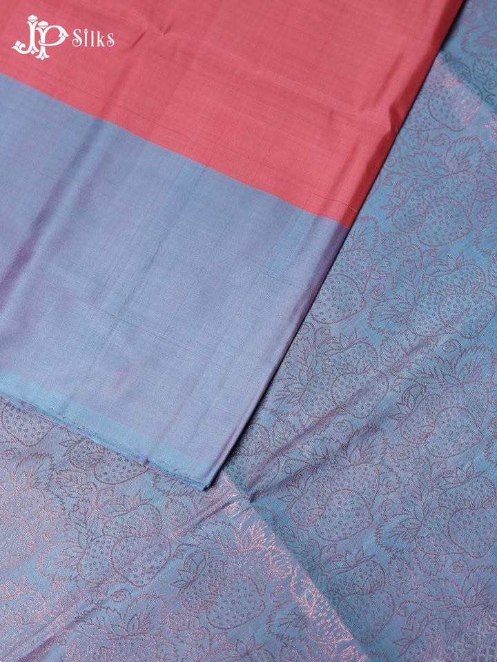 Peach Pink with Light Steel Blue Soft Silk Saree - E5616 - View 4