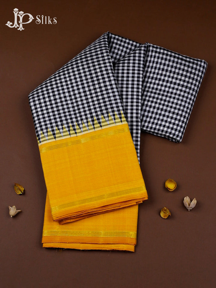 Black And White With Yellow Kanchipuram Silk Saree - F3387